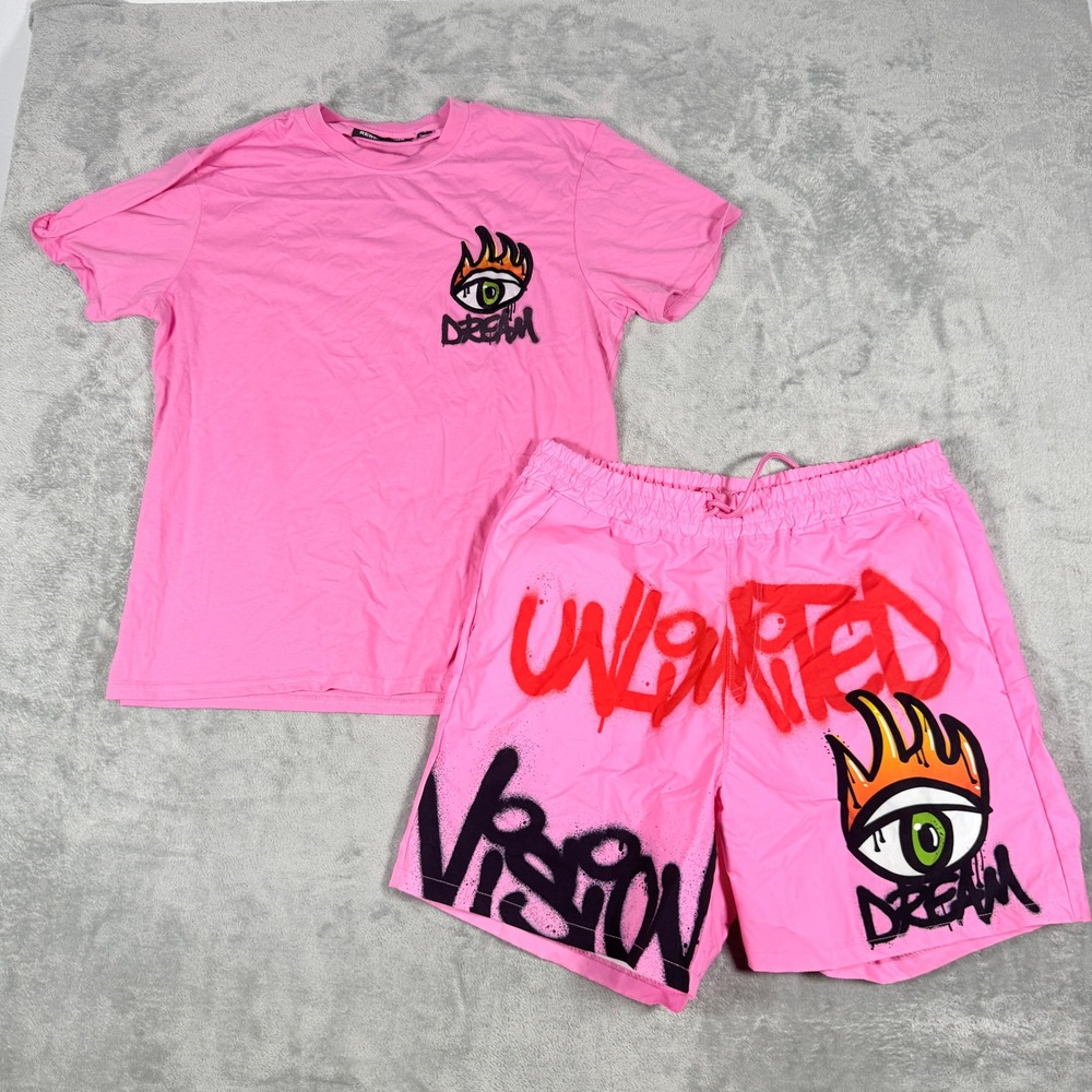 Rebel Minds Mens Large Pink T-Shirt and Shorts Set Graffiti Dream Unlimited
